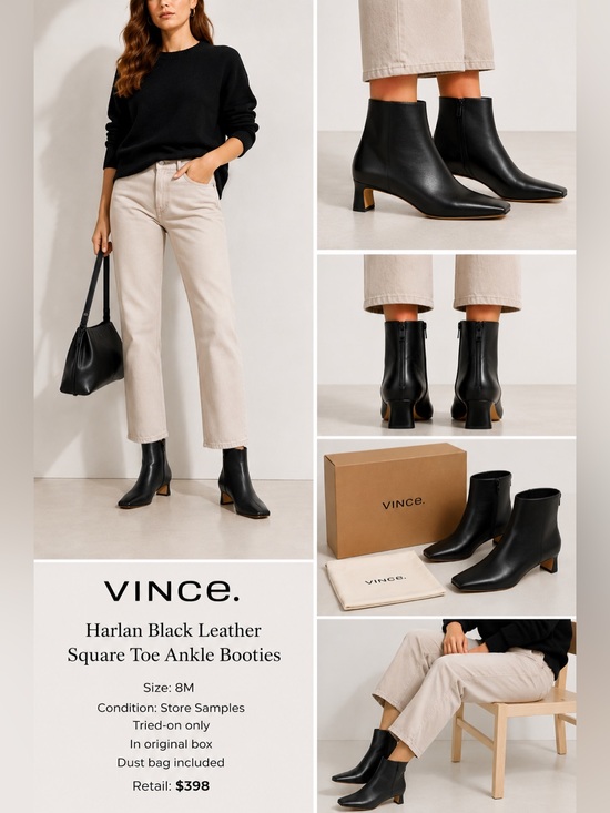 Vince Shoes - Vince Harlan Black Leather Square Toe Ankle Boots 8M Store Sample tried-on only